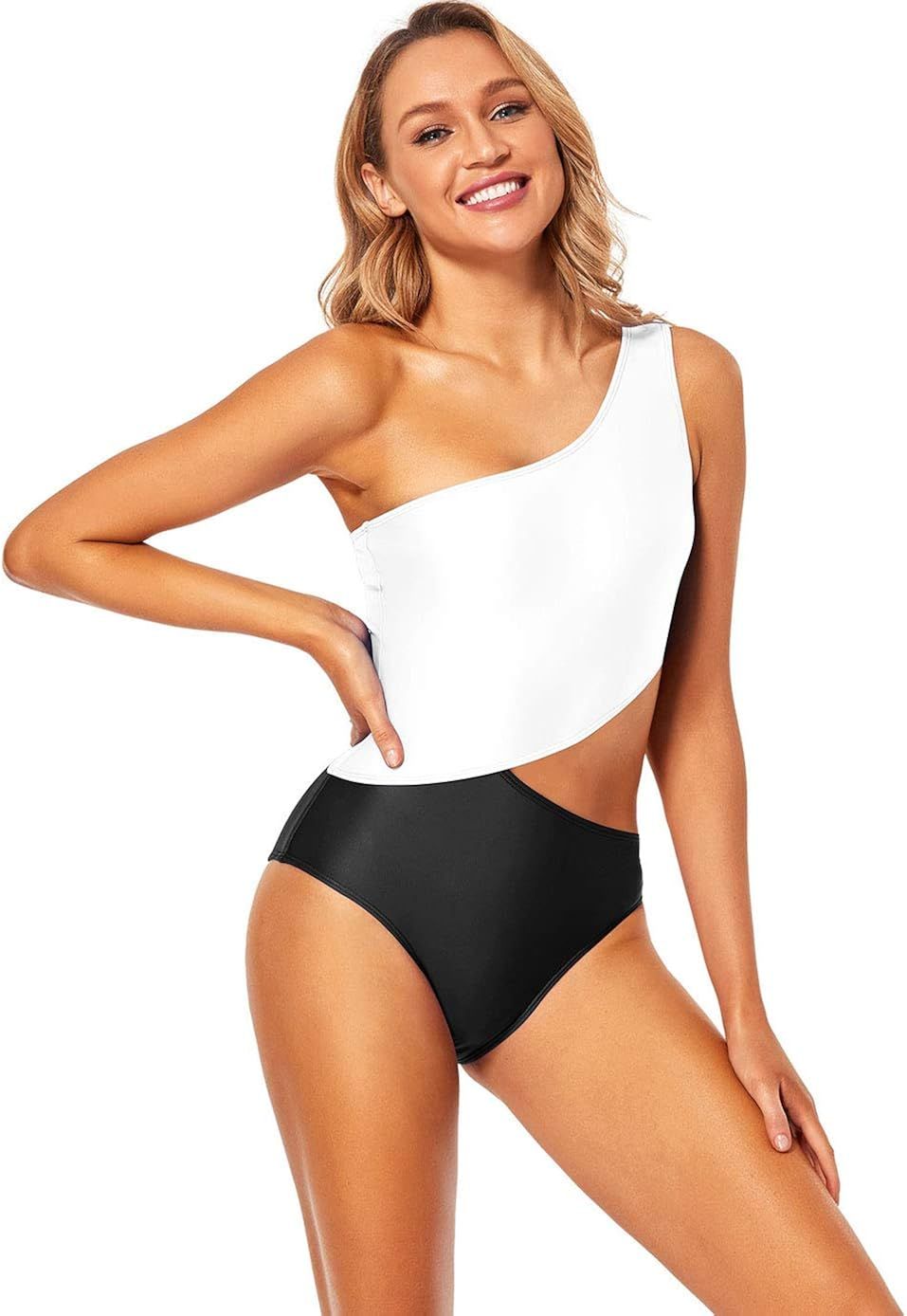 Annbon Women's Cutout One Piece Swimsuit Color Block One Shoulder Monokini Bathing Suit | Amazon (US)