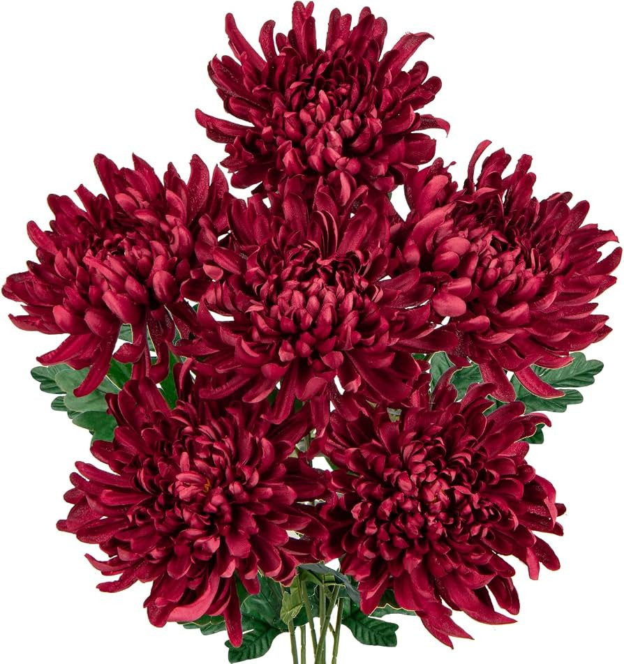 Briful 6 Pcs Burgundy Artificial Mums for Outdoors Fall – 25.6’’ Long Stem Faux Chrysanthem... | Amazon (US)