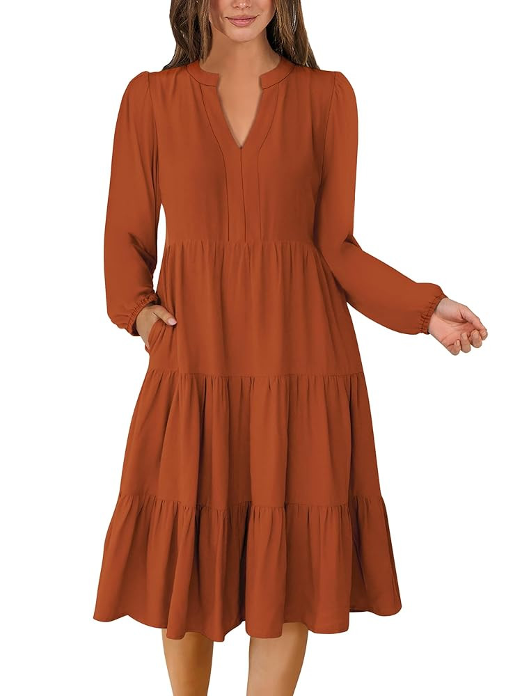ANRABESS Long Sleeve Midi Dresses for Women V Neck 2025 Fall Fashion Casual Loose Fit Flowy Swing... | Amazon (US)