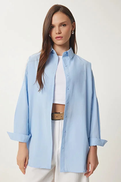 Happiness İstanbul Himmelblaues, langes Oversize-Basic-Shirt für Damen DD00842- Trendyol | Trendyol DE