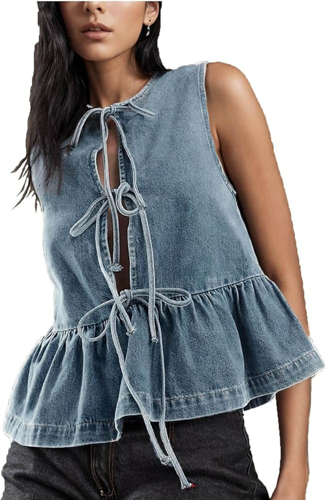 Women Y2K Peplum Tank Tops Tie Front Sleeveless Ruffled Hem Babydoll Tops Jean Vest Shirts Summer... | Amazon (US)