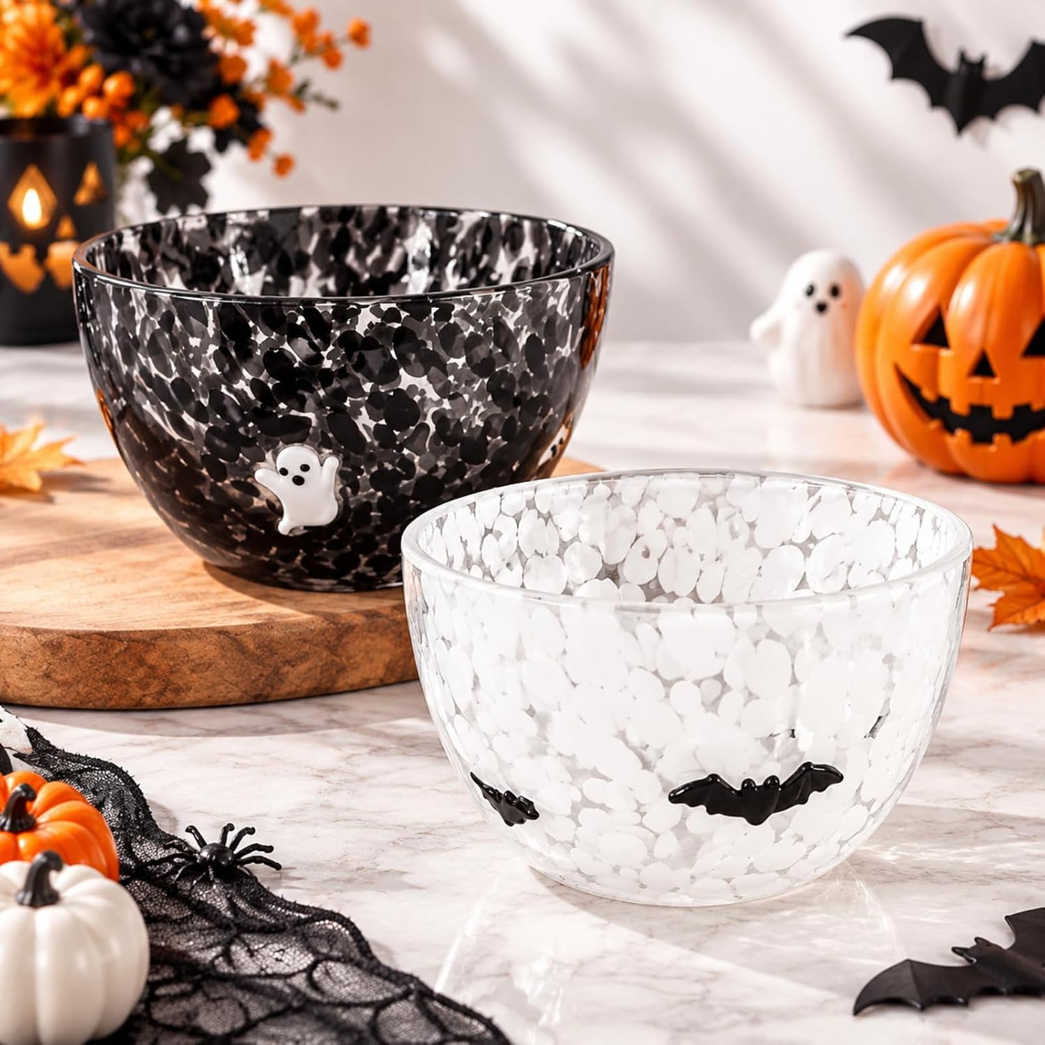 FoldTier 2 Pcs Halloween Glass Candy Bowls for Party,Ghost, Bat | Amazon (US)