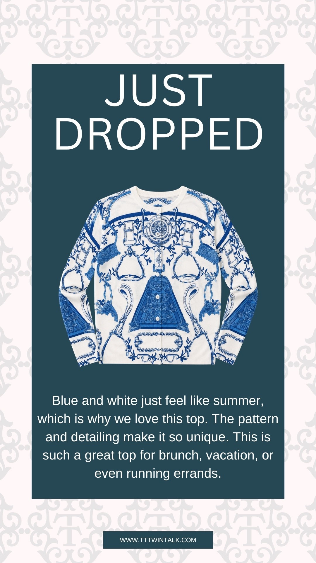 Blue and white just feel like summer, which is why we love this top. The pattern and detailing make it so unique. This is such a great top for brunch, vacation, or even running errands.

#LTKOver40 #LTKSeasonal #LTKMidsize