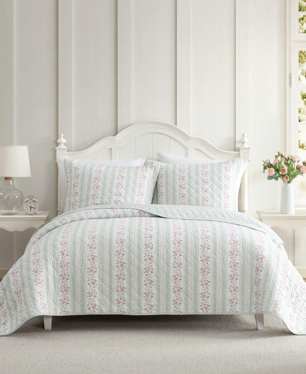 Laura Ashley Rosebud Stripe Reversible 2-Pc. Quilt Set, Twin - Light Green | Macy's