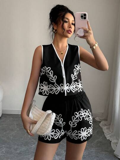 Selianne 2pcs Set Summer Casual Contrast Color Print Tank Top And Shorts | SHEIN