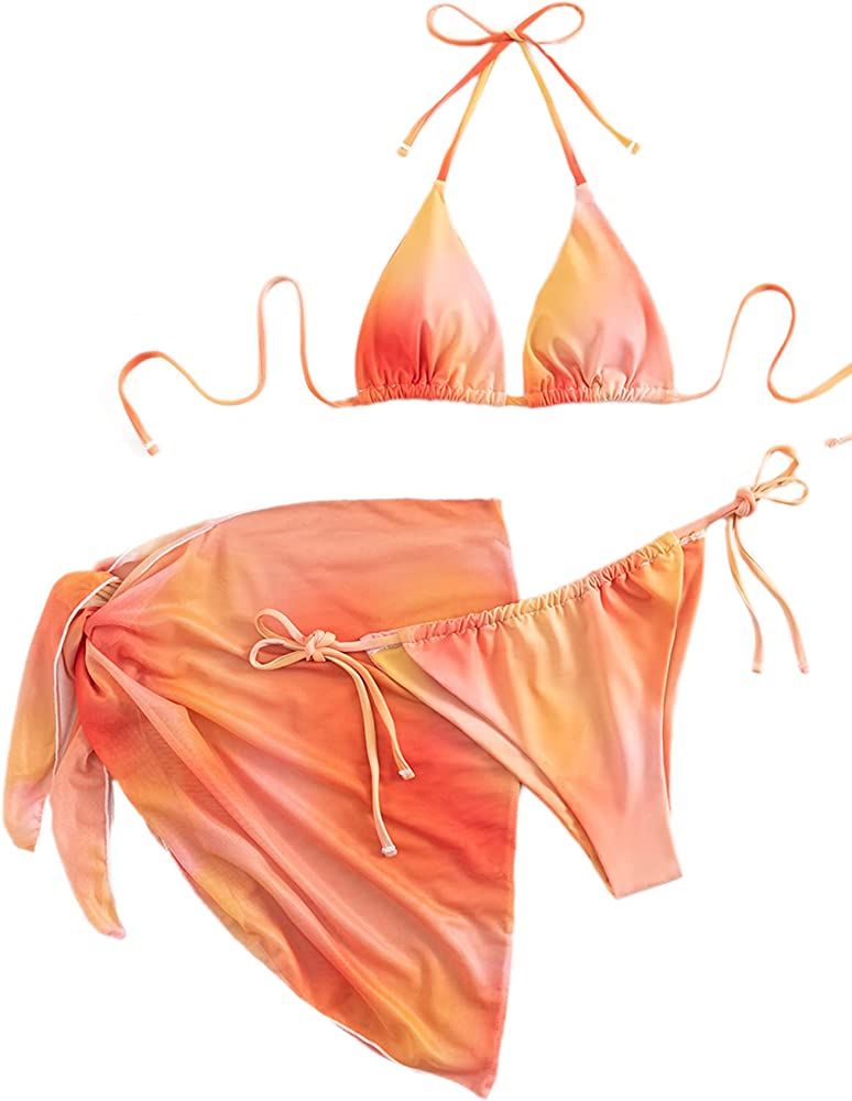 SOLY HUX Women's Wrap Triangle Bikini Bathing Suits with Mesh Beach Skirt 3 Piece Swimsuits | Amazon (US)
