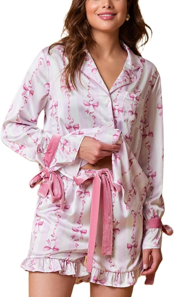 Women Christmas 2 Piece Pajamas Set Y2k Bow Tie Long Sleeve Shirt Wide Leg Pants Cute Print Match... | Amazon (US)