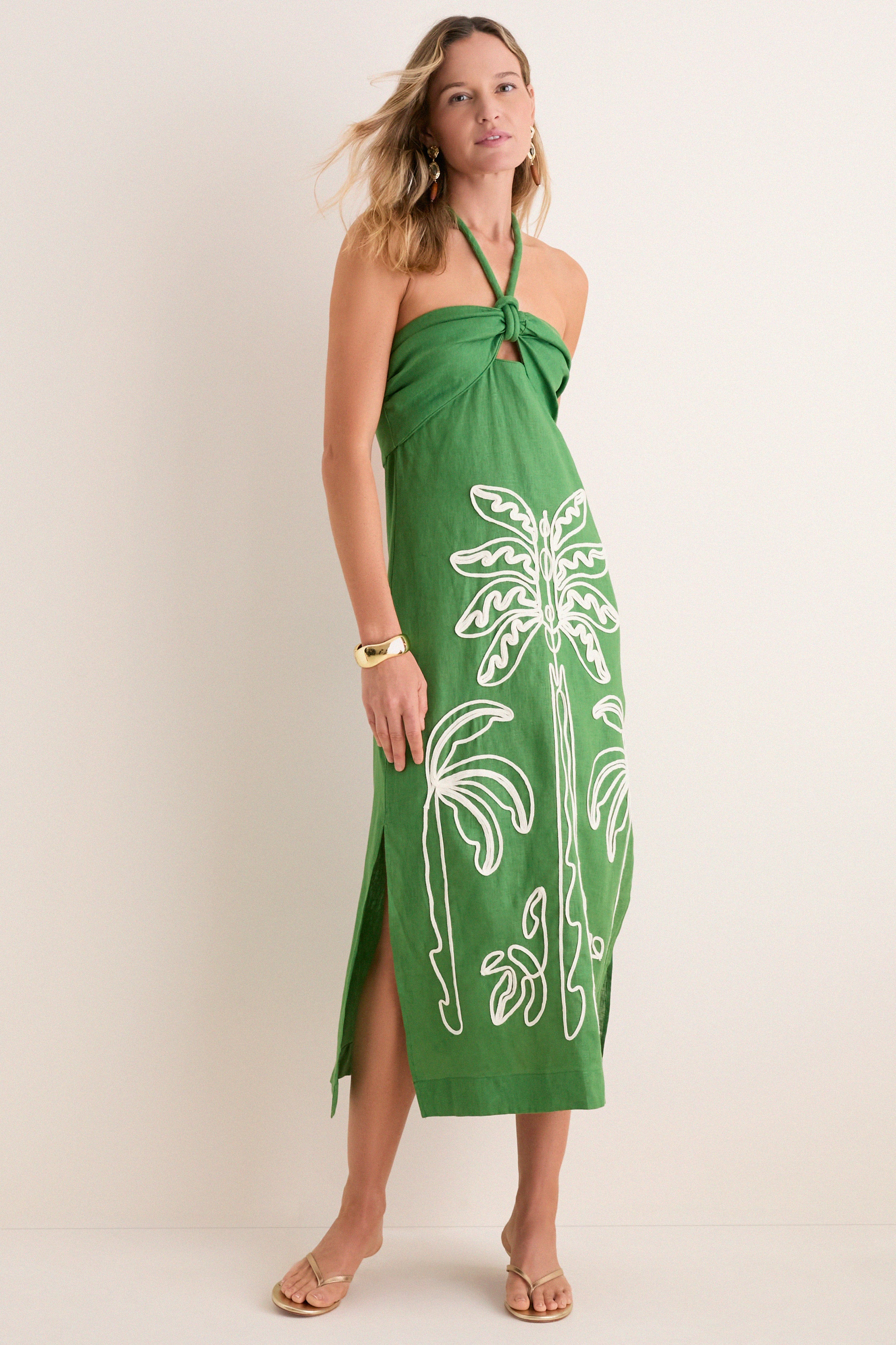 Green Palm Tree Embroidery Midi Dress | Tuckernuck (US)