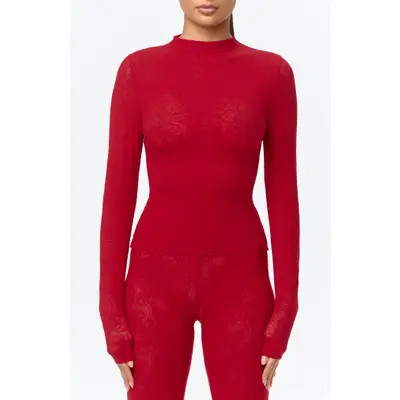 Naked Wardrobe Scalloped Hem Stretch Lace Top in Ruby Red at Nordstrom, Size Medium | Nordstrom