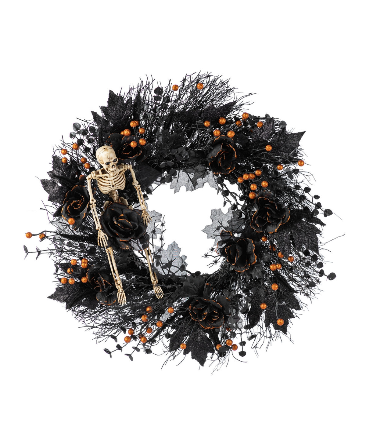 Glitzhome 7" Halloween Black Rose, Skeleton and Berry Wreath Hanger - Multi | Macy's