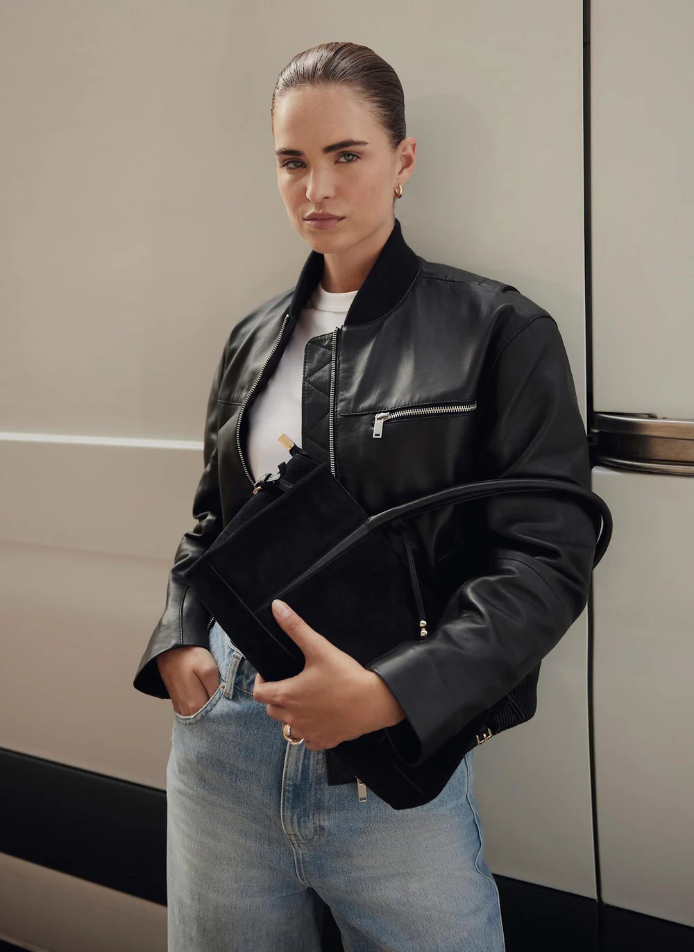 Black Leather Bomber Jacket | Mint Velvet