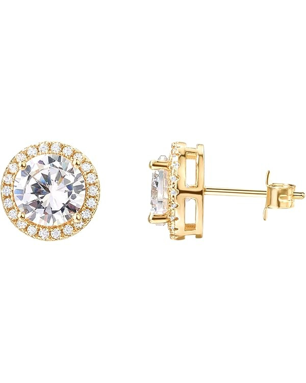 PAVOI 14K Gold Plated Sterling Silver Post Brilliant Round Faux Diamond Halo Earrings - Premium C... | Amazon (US)