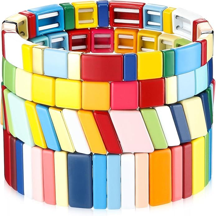 Hicarer 4 Pieces Enamel Tile Bracelet Rainbow Tile Bead Bracelet Stackable Block Bracelet Elastic... | Amazon (US)