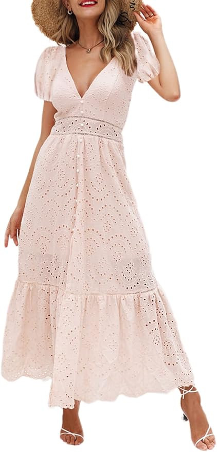 BerryGo Women's Embroidery Pearl Button Down Dress V Neck Spaghetti Strap Maxi Dress | Amazon (US)