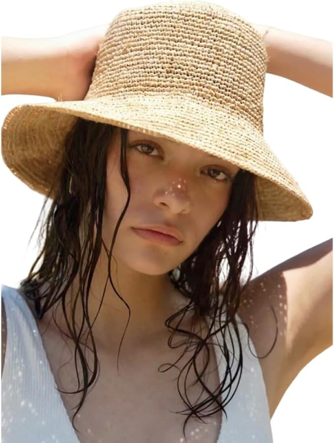 KORADI Women Raffia Beach Hat Natural Raffia Straw Bucket Hat Handwoven Foldable Sun Hats Wide Br... | Amazon (US)