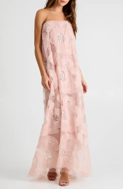 HELSI Margot Bead & Appliqué Strapless Mesh Gown in Pink Pearl at Nordstrom, Size Large | Nordstrom