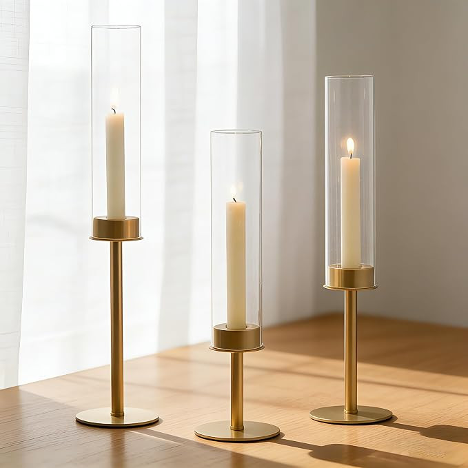 Hewory Gold Candle Holders, 3Pcs Brass Candle Stick Candelabra with Glass Candle Cover for Weddin... | Amazon (US)
