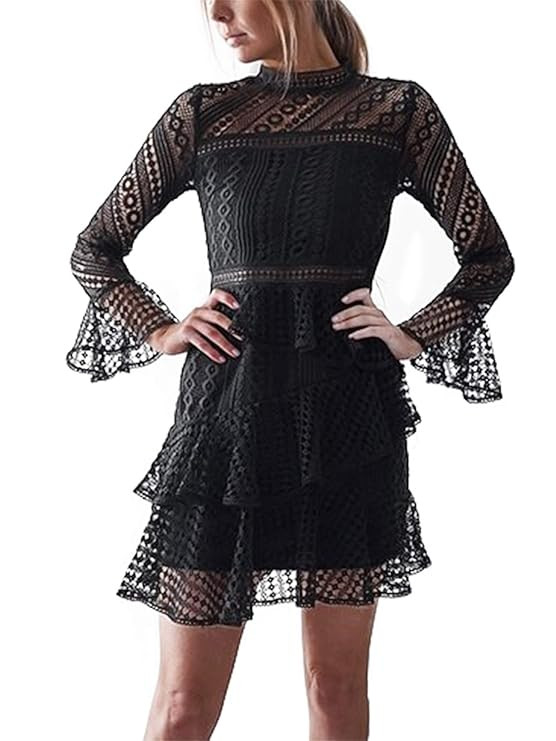 SUNJIN ACRO Women's Long Sleeve Hollow Out Lace Flare Sleeve Ruffle Mini Dress Party Wedding | Amazon (US)