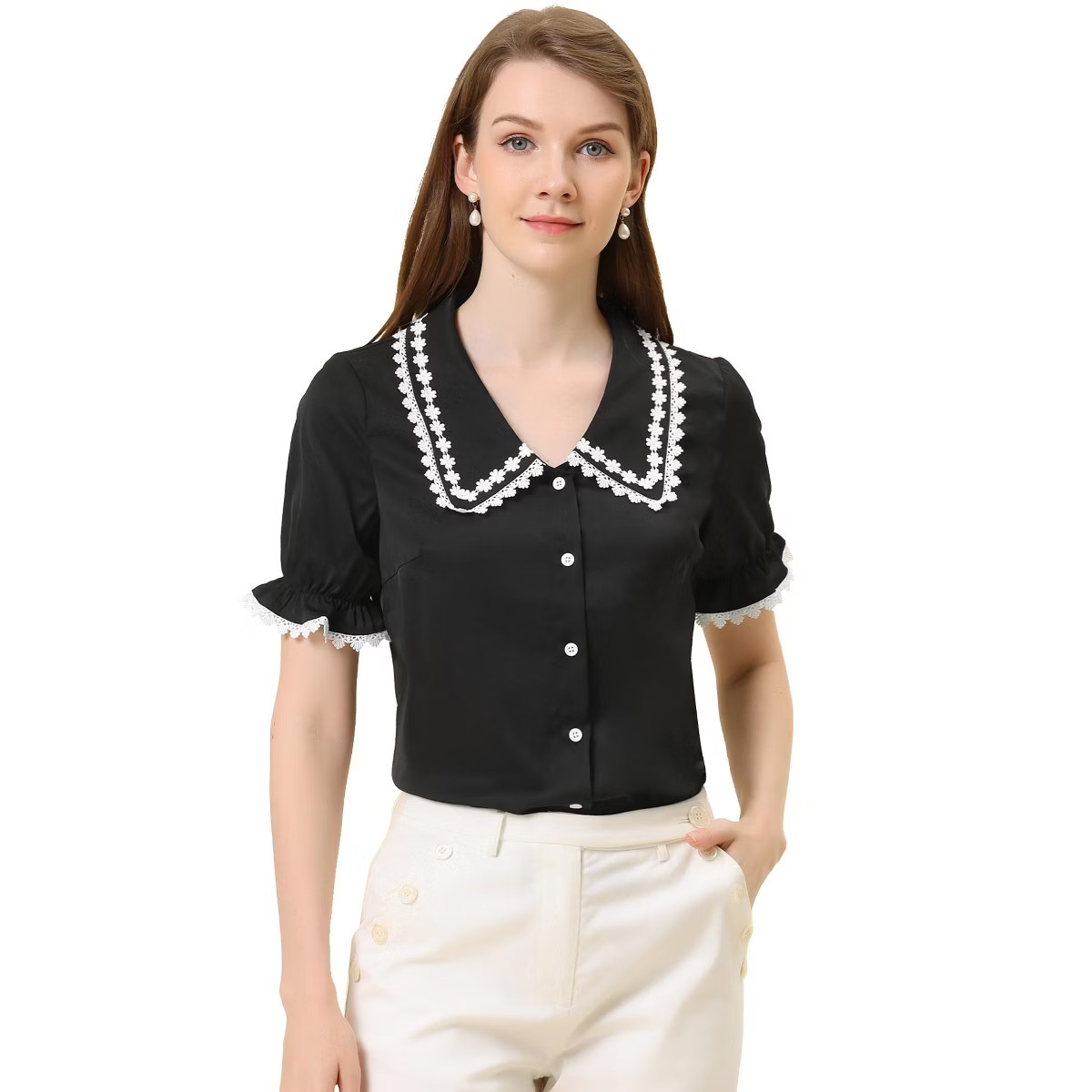 INSPIRE CHIC Women's Sweet Peter Pan Contrast Collar Short Sleeves Button Up Shirts | Target