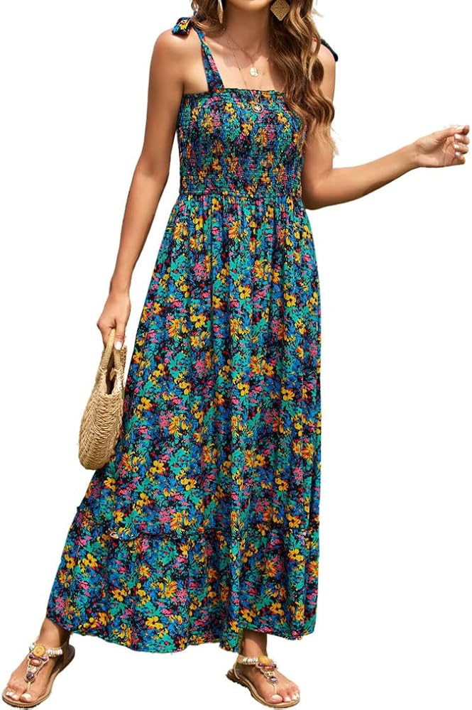 Tobrief Women's Boho Dress Summer Spaghetti Strap Square Neck Flowy Ruffle Beach Long Maxi Dress | Amazon (US)