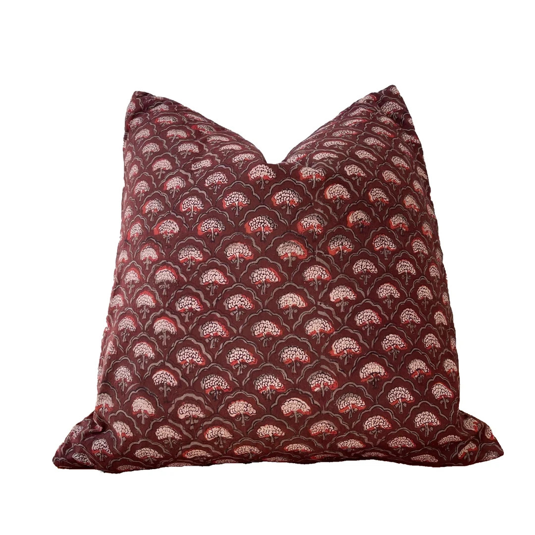Hand block printed floral pillow cover, burgundy red and gray floral pillow cover, 20x20 | Etsy (US)