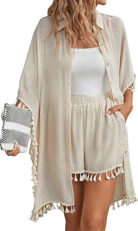 Verdusa Women's Elegant Two Piece Outfits Short Sleeve Button Front Fringe Tops and High Waist Fr... | Amazon (US)