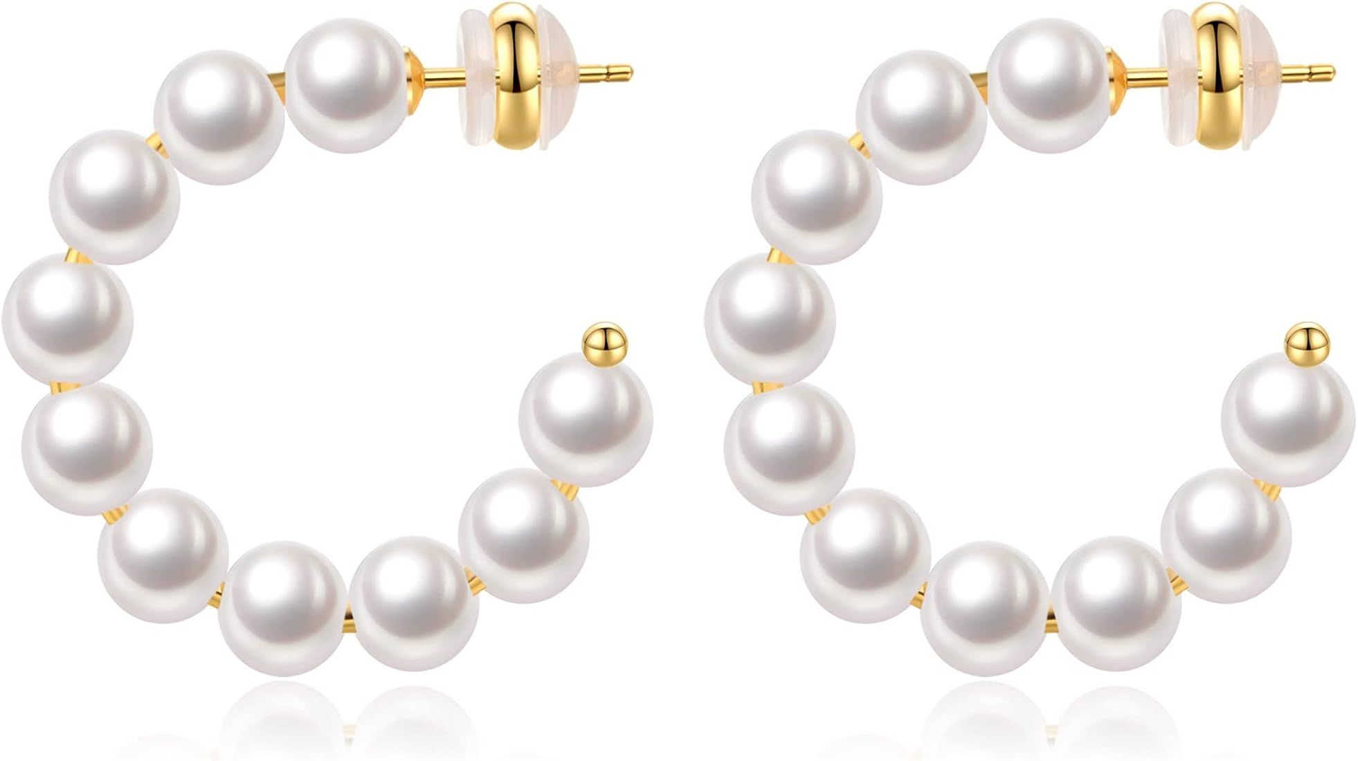 Amazon.com: Pearl Hoop Earrings for Women Small Pearl Hoop Earrings ,14K Gold Plated Lightweight ... | Amazon (US)
