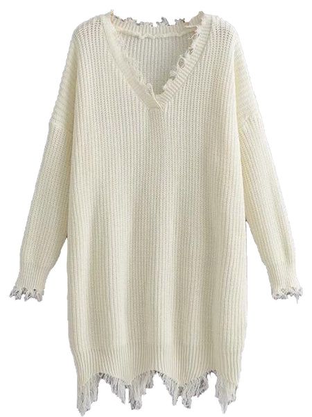'Gina' V-neck Distressed White Sweater Dress | Goodnight Macaroon
