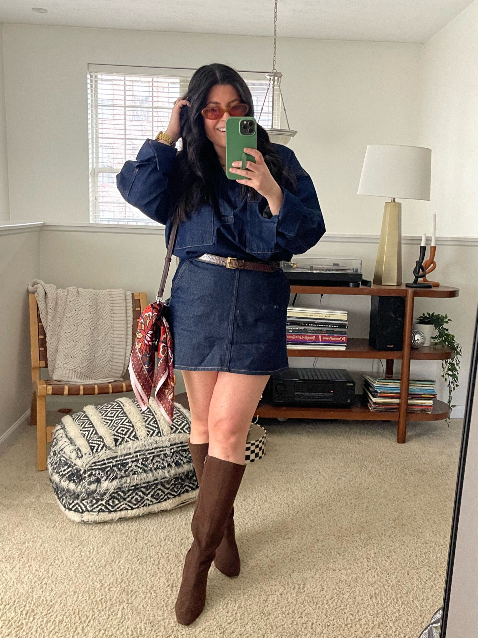 Denim top (large) | denim skirt (medium) | brown suede boots (similar linked) | brown belt (similar linked) | brown sunglasses | brown crossbody bag 

Spring outfit idea, spring date night outfit, denim on denim 

#LTKStyleTip #LTKFindsUnder50