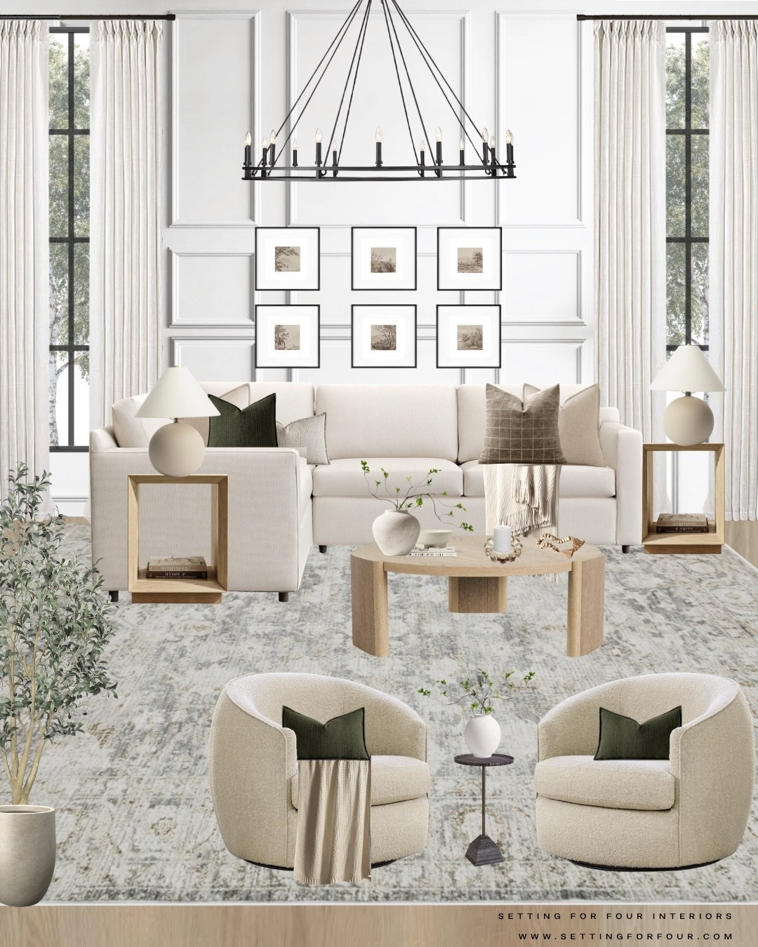 Neutral and cozy living room. Great room, living room chandelier, pillows, vase, coffee table decor, sectional sofa, swivel chairs, round coffee table, wood, marble, Loloi area rug, pillow, throw blanket, olive tree, planter, gallery wall, wall art, picture frames, end table, table lamp, Pottery Barn style, Crate & Barrel style, Amazon home, Arhaus, green, beige and brown, aesthetic

#LTKhome #LTKsale #LTKfamily