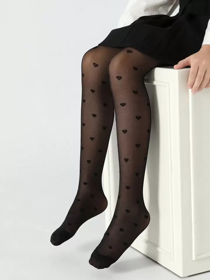 1pc Girls/Kids/Toddlers Black, Solid, Heart Pattern, Thin Jacquard Thin, High Elasticity Tights, ... | SHEIN