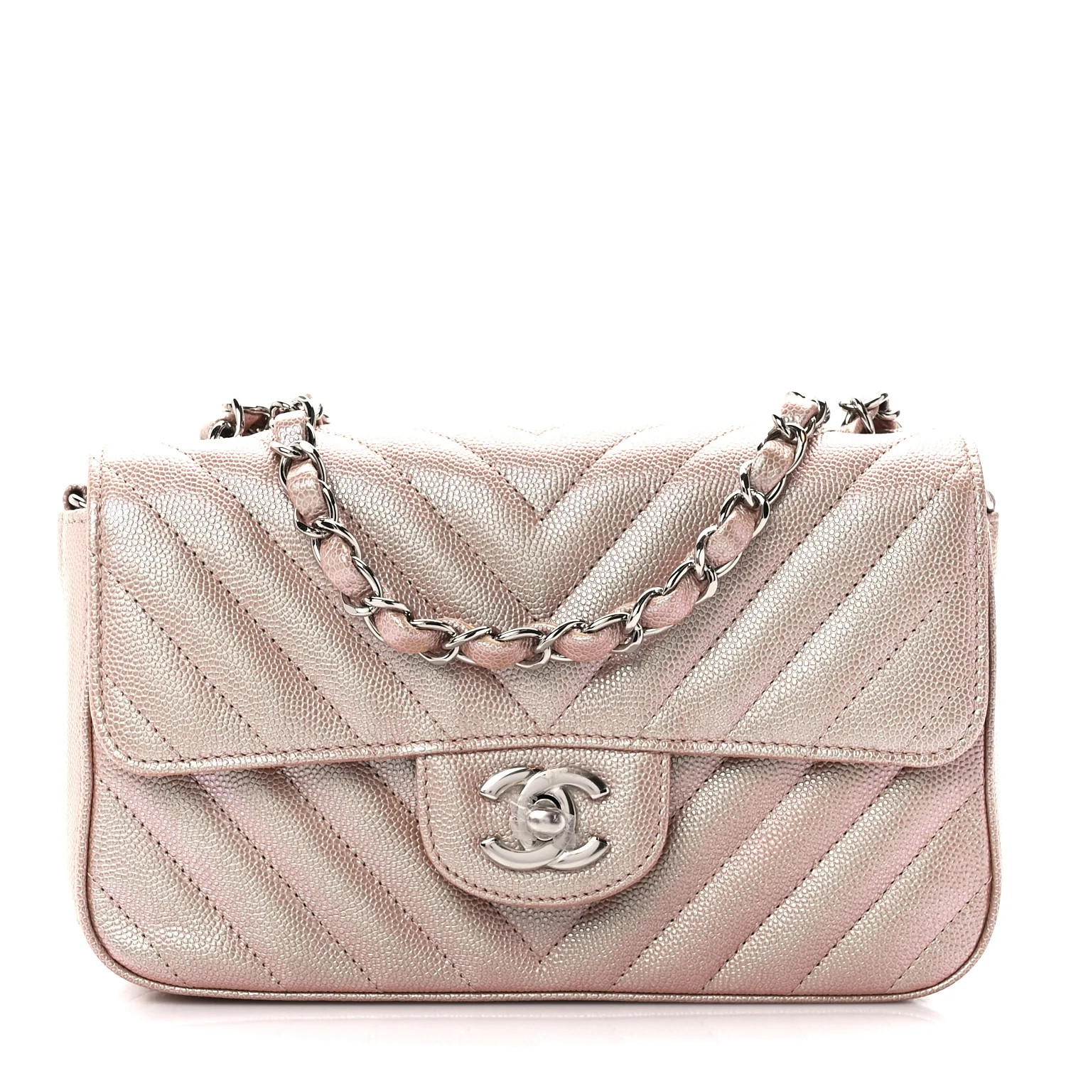 Iridescent Caviar Chevron Quilted Mini Rectangular Flap Light Gold | FASHIONPHILE (US)
