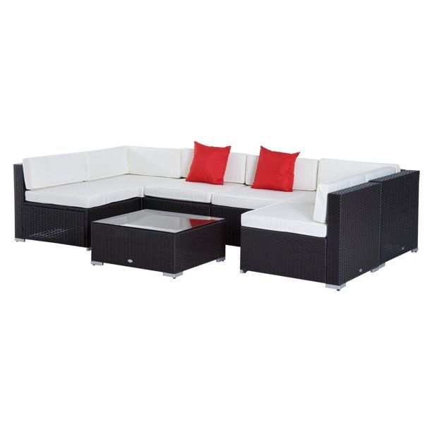 Outsunny Rattan Wicker 7 Piece Sectional Patio Conversation Set With White Cushions - Walmart.com | Walmart (US)