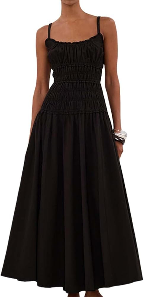 Women Spaghetti Strap Maxi Dress Sleeveless Scoop Neck Ruffle Tiered Elastic Casual Boho Flowy Dr... | Amazon (US)