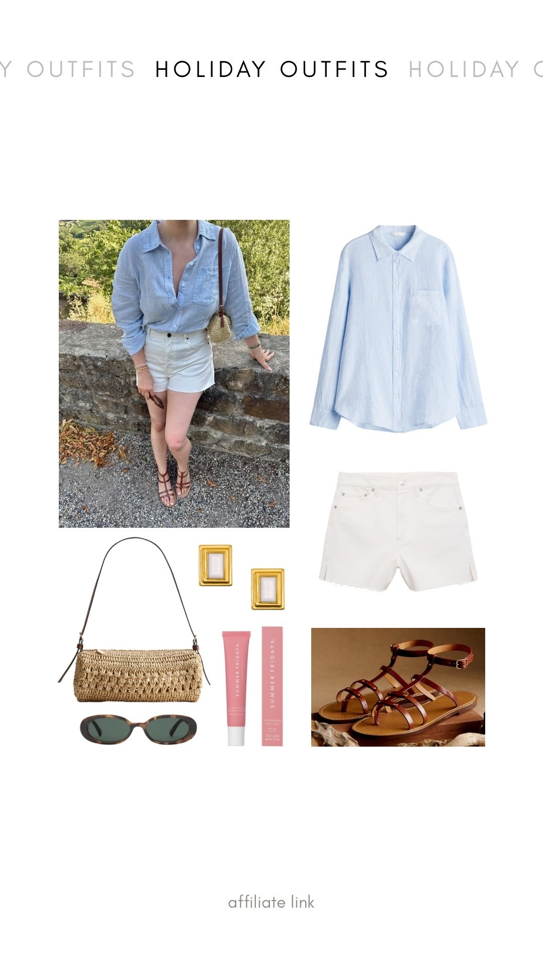 H&M blue linen shirt & raffia shoulder bag, Sézane white denim shorts & tan brown gladiator sandals, summer Fridays lip butter balm, le specs tortoiseshell sunglassess

#LTKstyletip #LTKsummer #LTKuk