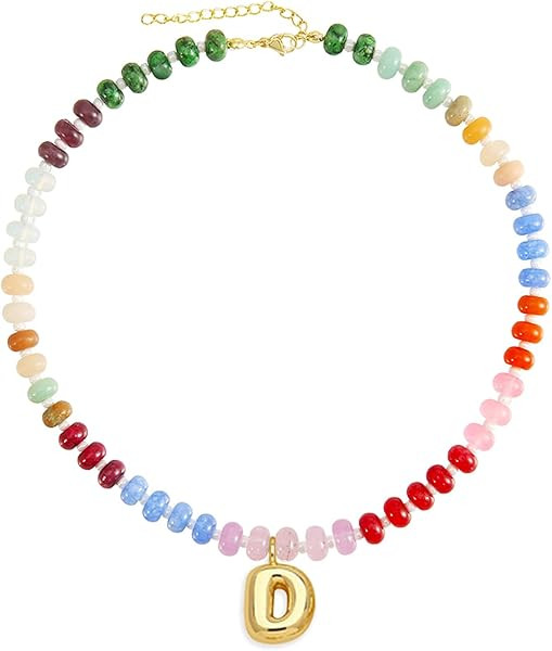 Elegant Boho Colorful Beaded Necklace with Gold Bubble Letter A-Z Pendant,Handmade Trendy Summer ... | Amazon (US)