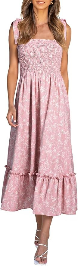 Imily Bela Womens Summer Floral Maxi Dress Boho Tie Strap Sleeveless Smocked A Line Beach Sundres... | Amazon (US)