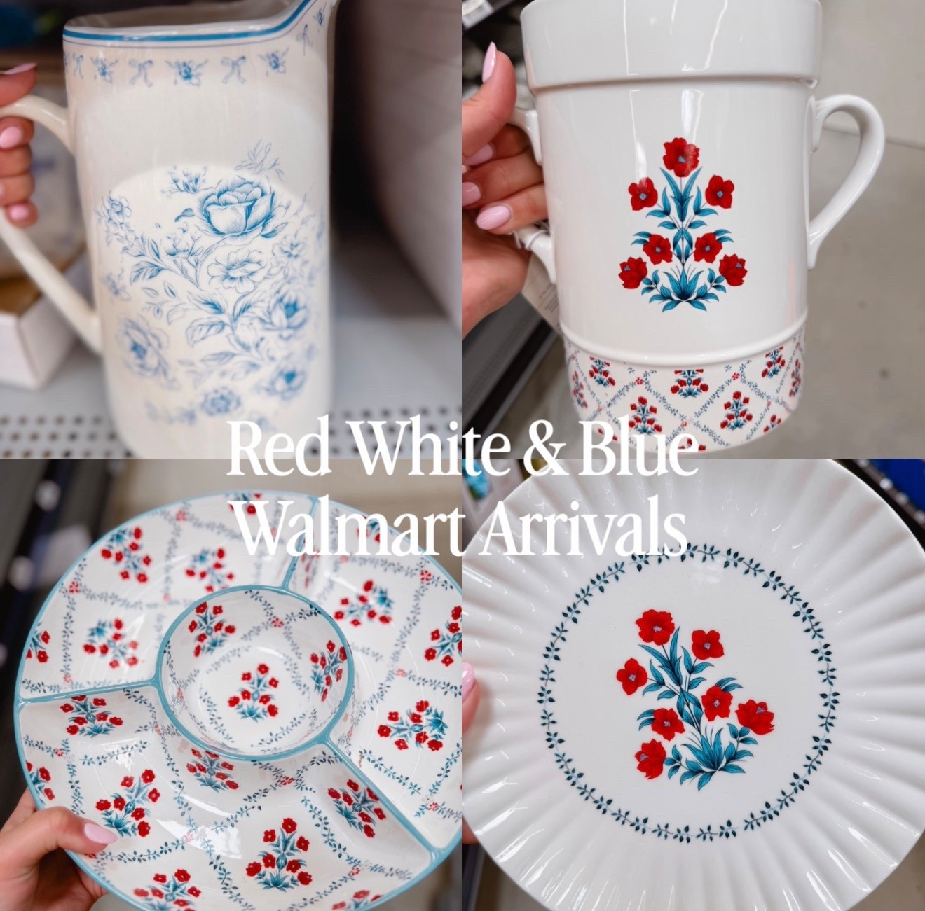 Red white and blue home decor finds from Walmart 🇺🇸 My Texas House just dropped the prettiest vintage-inspired collection—perfect for summer styling, Memorial Day, and Fourth of July hosting. Classic florals, bow details, and affordable pieces that look high-end.

red white blue decor | american summer home decor | walmart home finds | my texas house | patriotic home decor | fourth of july decor | memorial day decor | vintage floral dishes | blue and white decor | summer hosting ideas | affordable home decor | spring home decor | summer home decor | grandmillennial

#LTKHome #LTKSeasonal #LTKfoodie