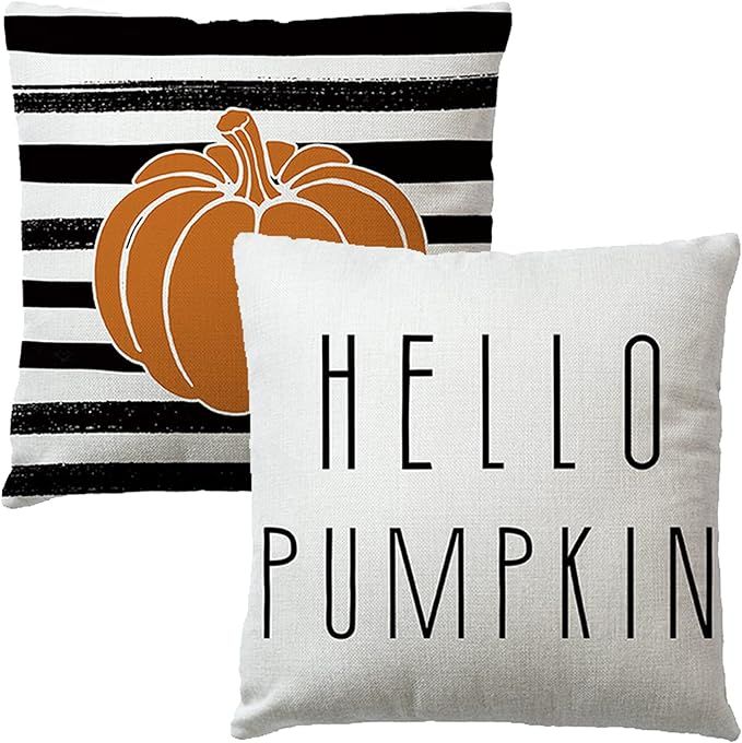 2Pack Hello Pumpkin Throw Pillow Covers Watercolor Stripes Pumpkin Cushion Cover Farmhouse Autumn... | Amazon (US)