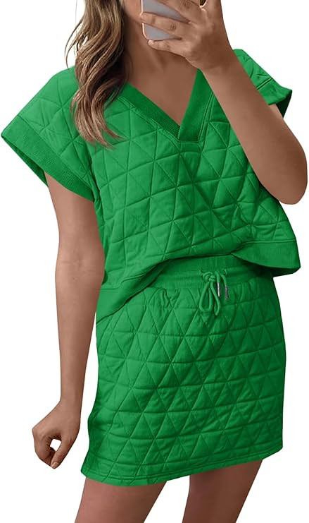 Fisoew Womens Argyle 2 Piece Outfits Skirt Sets Short Sleeve V Neck Tops and Casual Mini Skirts L... | Amazon (US)