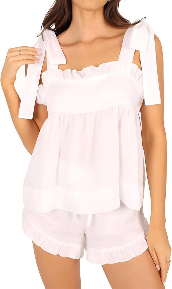Womens Summer 2 Piece Set Sleeveless Tie Straps Ruffle Trim Top and Shorts Sets Soft Cozy Pajamas... | Amazon (US)