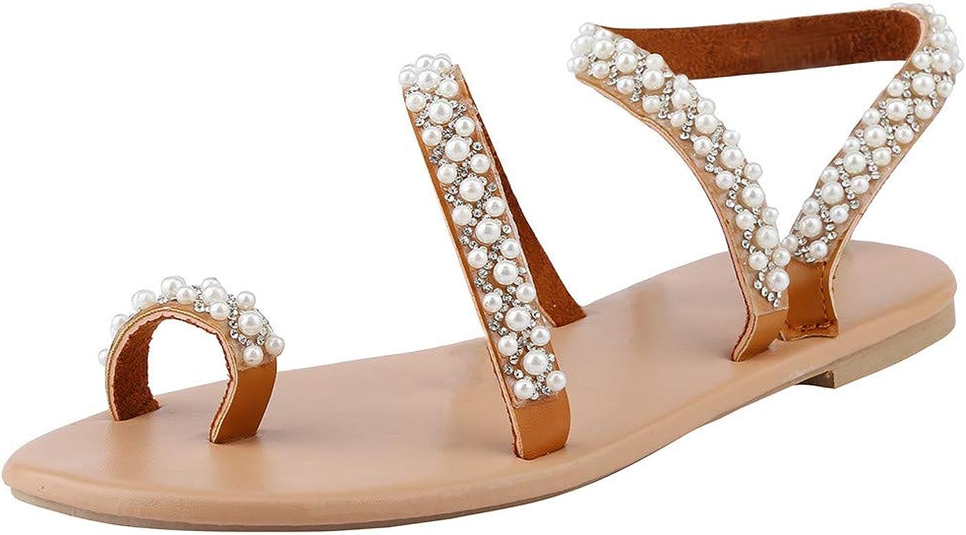 Hot!! Women Sexy Crystal Pearl Sandals, Ladies Flat-Soled Casual Round Toe Shoes | Amazon (US)