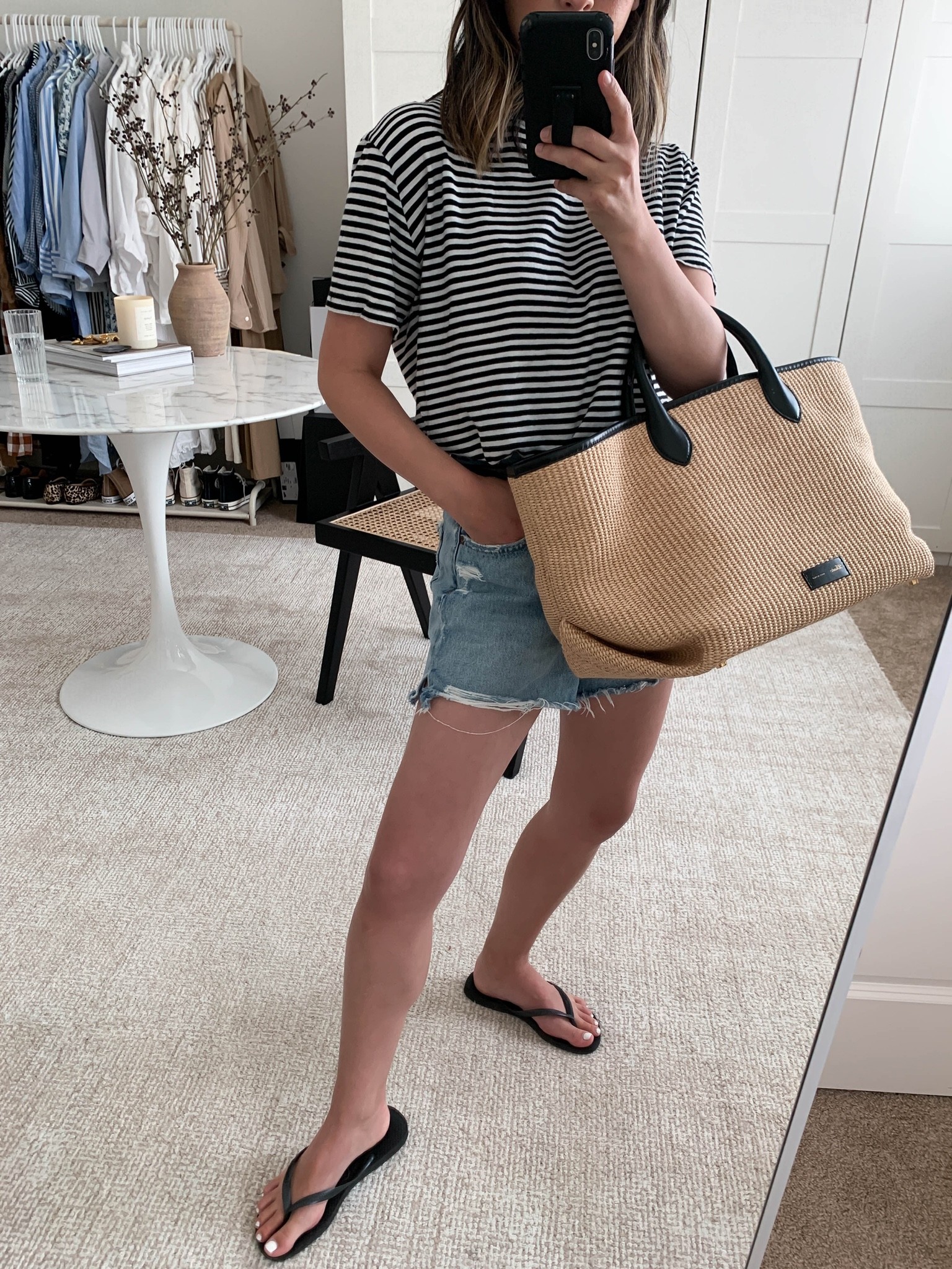 Daily #ootd. 

Tee - Goat Milk NYC small
Shorts - AGOLDE 26. Sized up 2 sizes. 
Sandals - Haviannas 5
Tote - Khaite medium