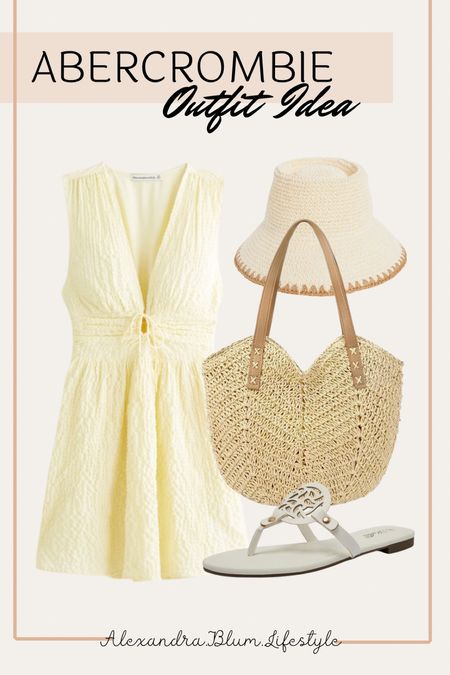 Yellow mini dress from Abercrombie is a best seller and will sell out fast! This cute dress is perfect for travel outfit, beach outfit, and summer outfit! Straw tote bag, white thong flip flop sandals and straw bucket hat!

#LTKswim #LTKfindsunder100 #LTKtravel