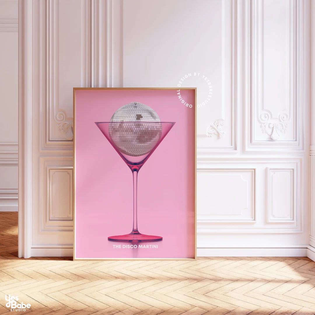 Martini wall art, Disco ball poster, Bar cart prints, Light pink wall art, Bar cart accessories, ... | Etsy (US)