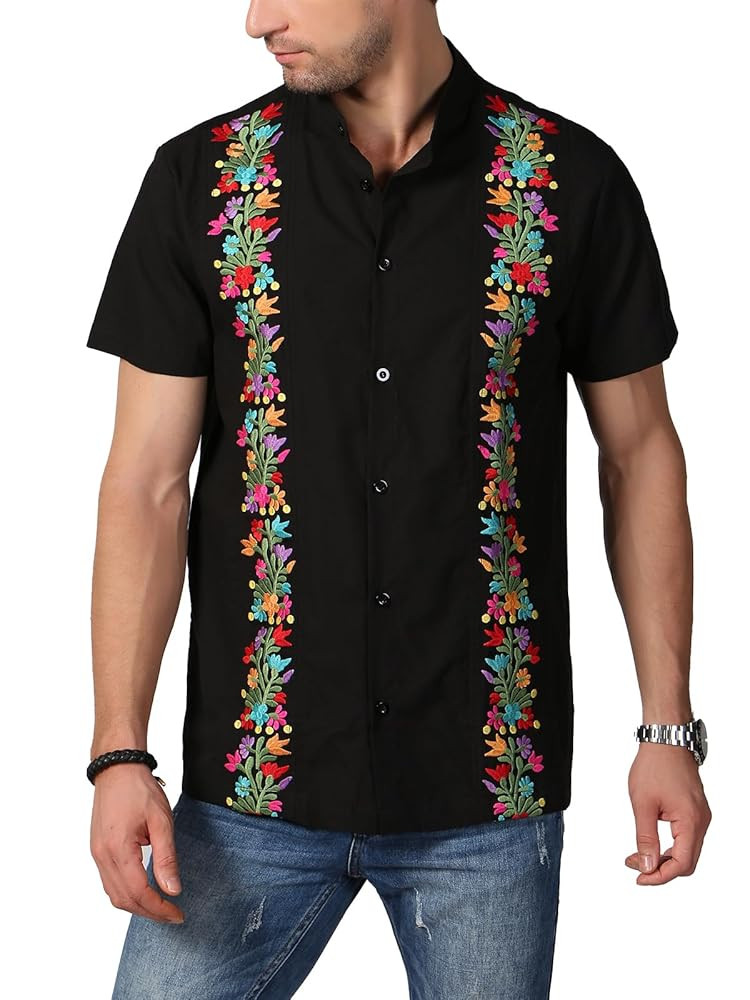 Mexican Shirts for Men Traditional Men's Guayabera Dress Shirts Mens Button Up Band Collar Dress ... | Amazon (US)