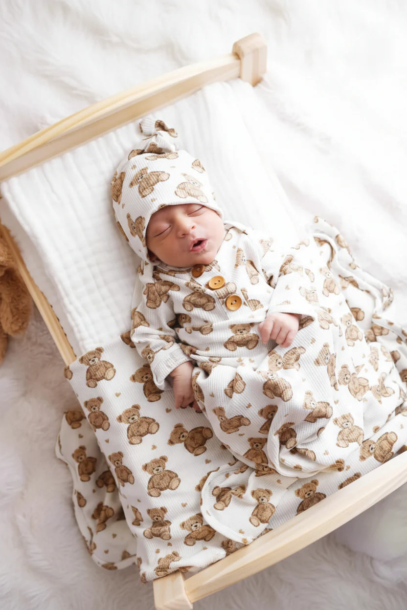 Beary Sweet Bamboo Waffle Newborn Baby Knot Gown & Hat Set | Caden Lane