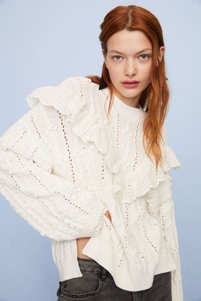 Ruffle-trimmed Textured-knit Sweater - White - Ladies | H&M US | H&M (US + CA)