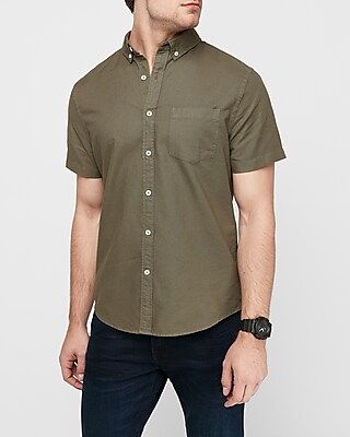 Slim Button-Down Short Sleeve Shirt Green Men's XXL Tall | Express