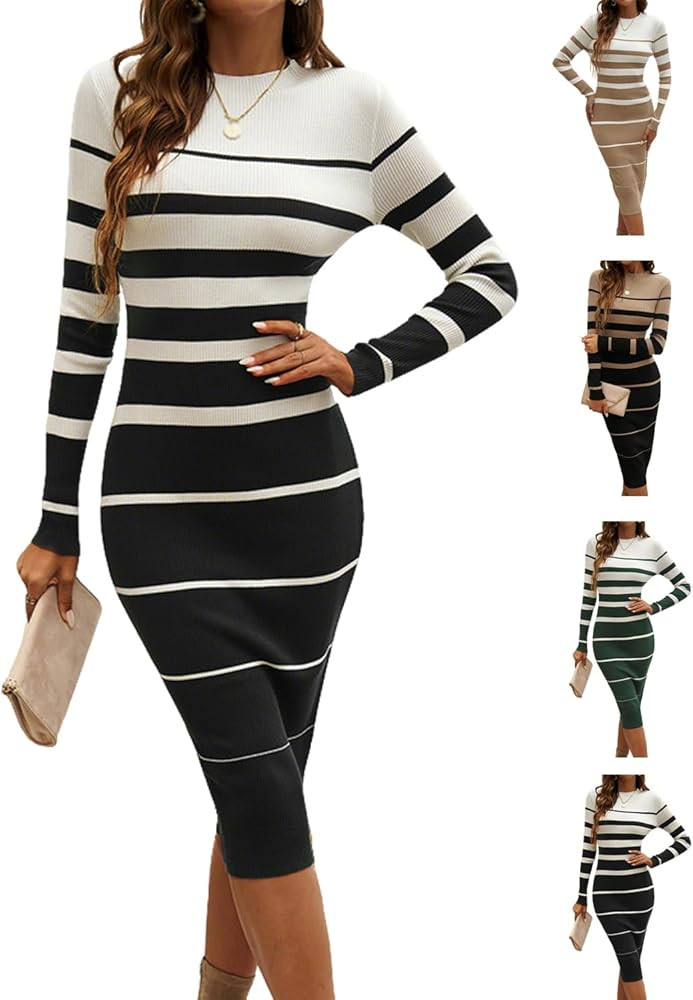 Womens Striped Color Block Long Sleeve Bodycon Sweater Dress, Mid Length Crewneck Ribbed Knit Str... | Amazon (US)